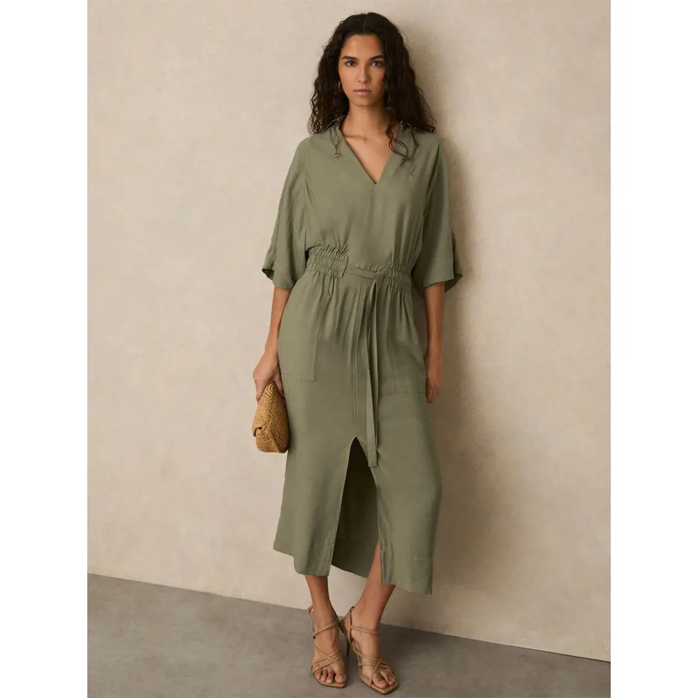 REISS CECILIA Shirred Waist Midi Shirt Dress